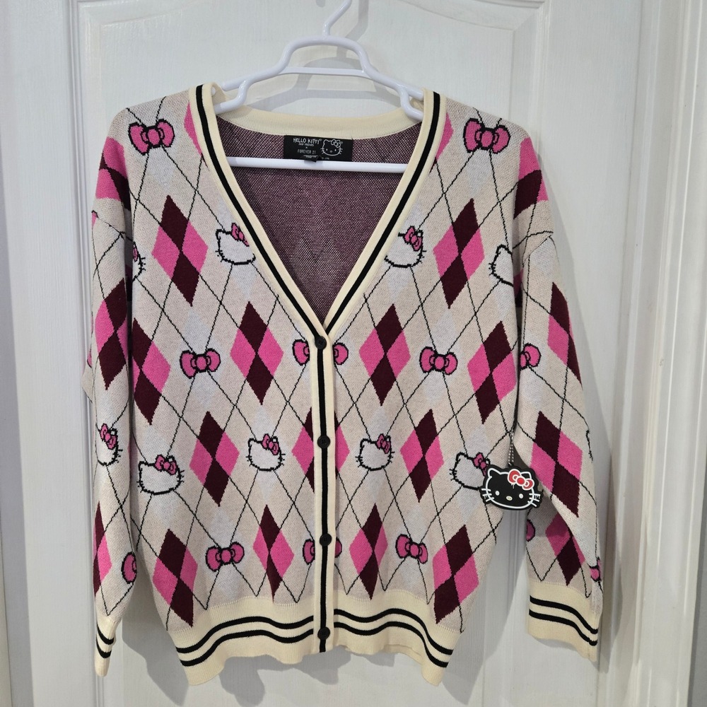 Forever 21 Hello Kitty Cardigan Women Size Med Pink Argyle Sweater NWOT